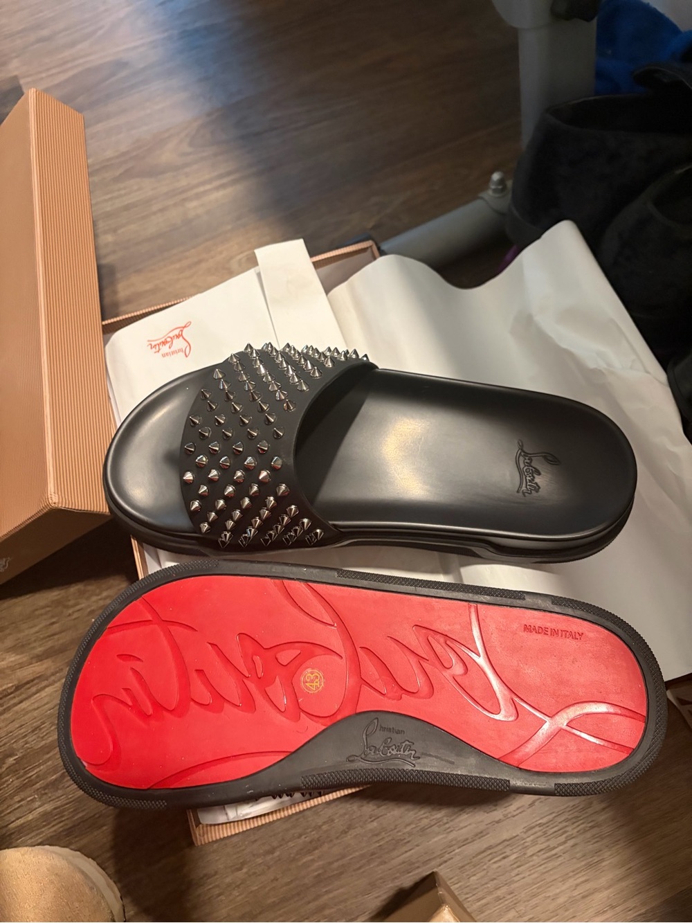 Christian Louboutin Black Studded Slide Sandals with Red Sole